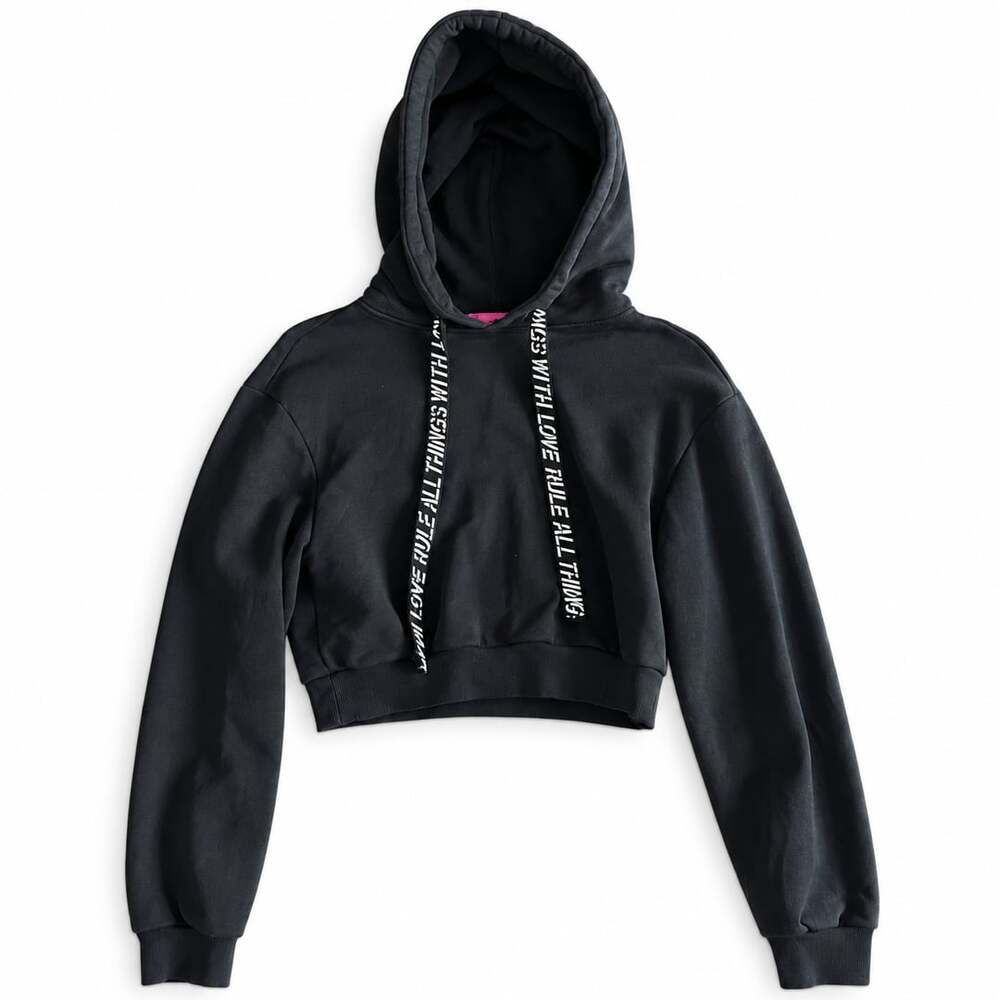 Pam & Gela Black Cropped Hoodie XS Move Fast Graphic Drawstrings